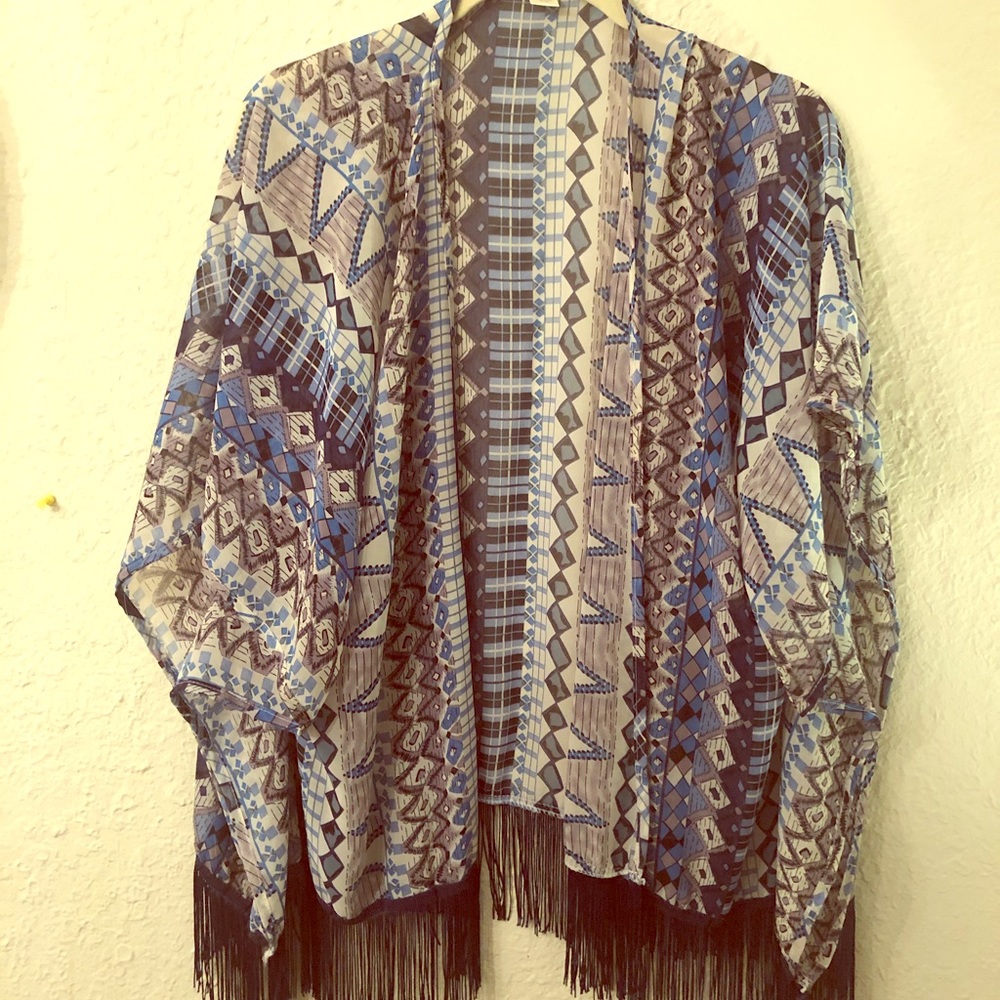 Blue printed fringe tunic